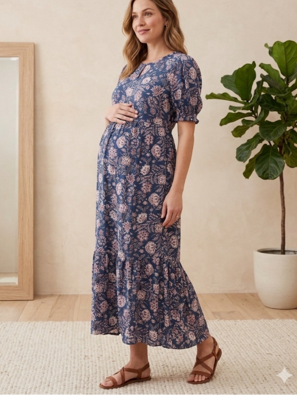 Gap Maternity Boho Floral Puff Sleeve Tiered Maxi Dress 100% Rayon